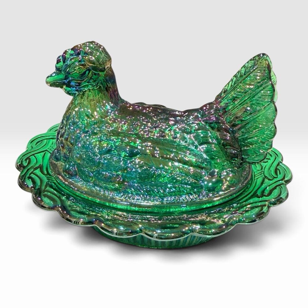 Mosser Glass Hen on Nest Hunter Green Carnival Glass 6.5” Iridescent USA New